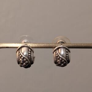 Vintage 925 Solid Sterling Silver Small Chunky Beaded Design Hoop Earring